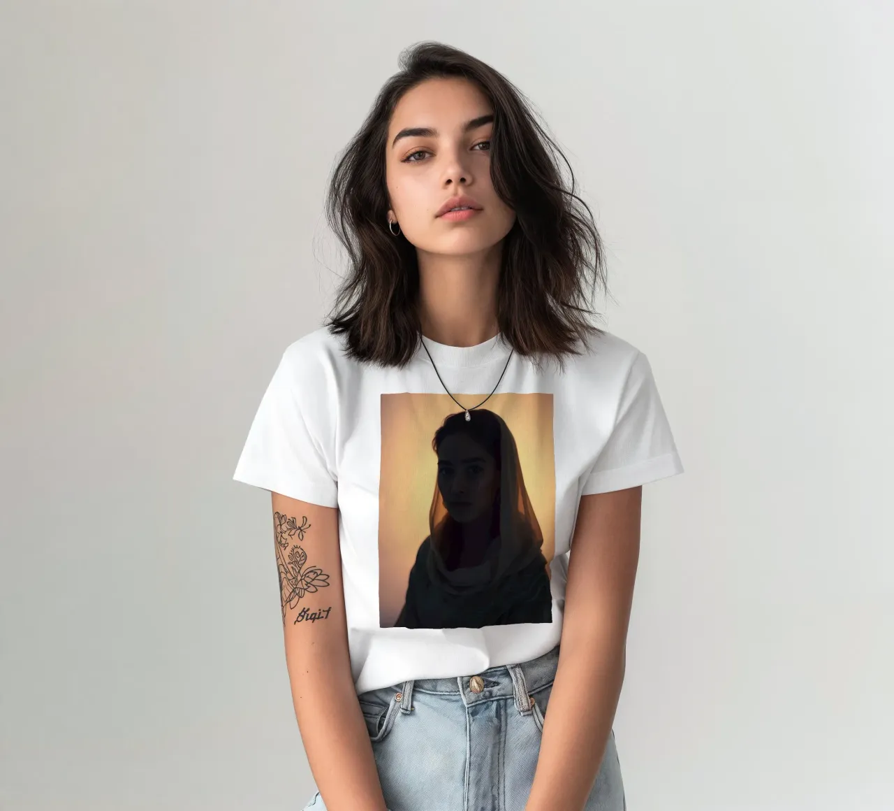 Ritratto di donna con luci soffuse e foulard t-shirt da DesignDoodle
