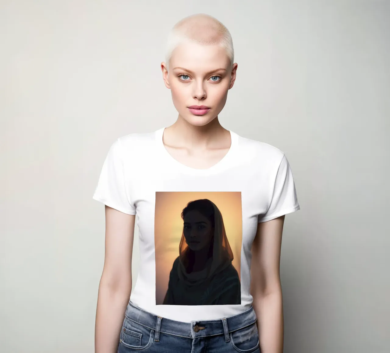 Porträt einer Frau in weicher Beleuchtung mit Kopftuchgarnitur Frauen T-Shirt von DesignDoodle