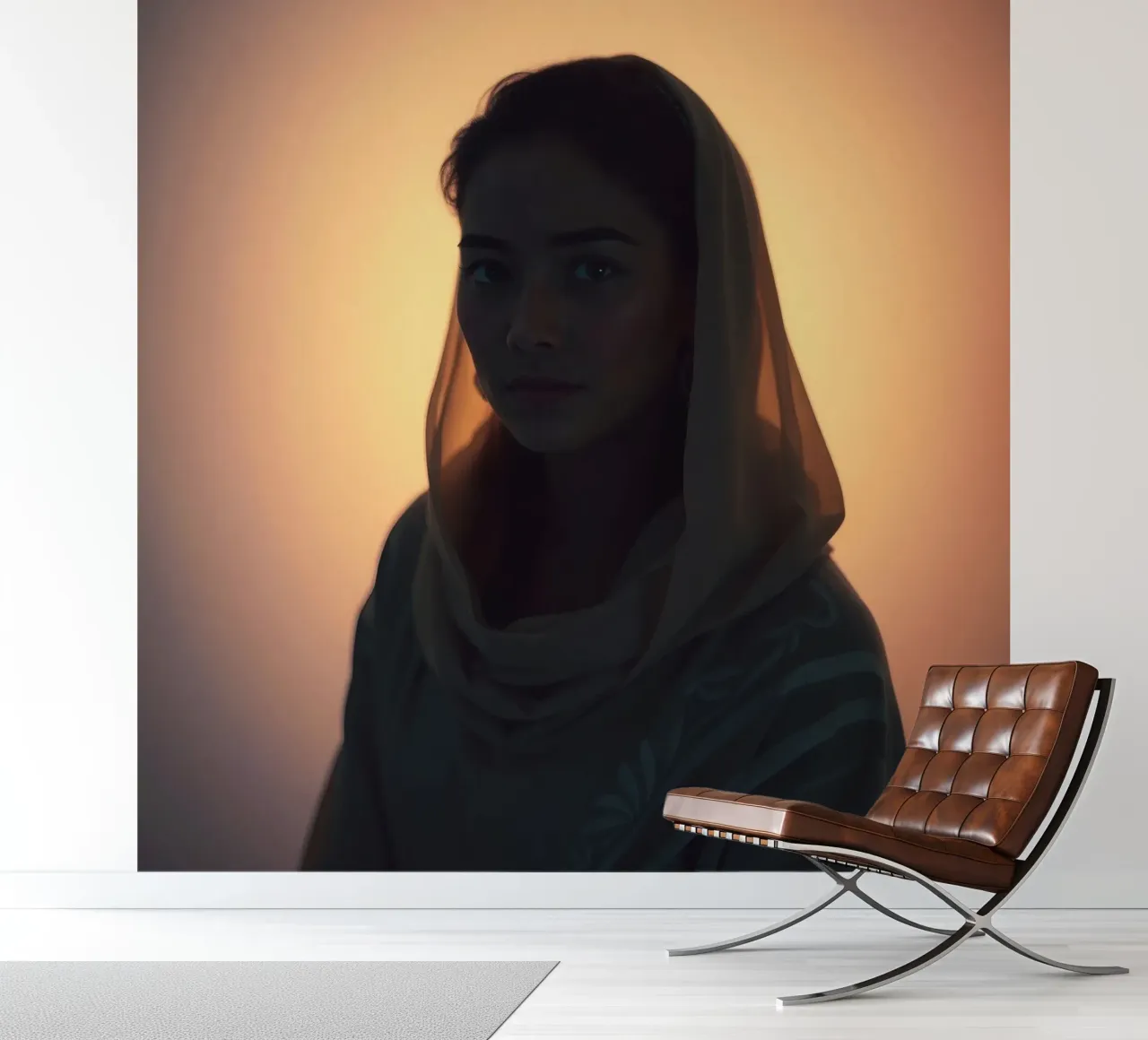 Portrait of a woman in soft lighting with headscarf set photo wallpaper by DesignDoodle