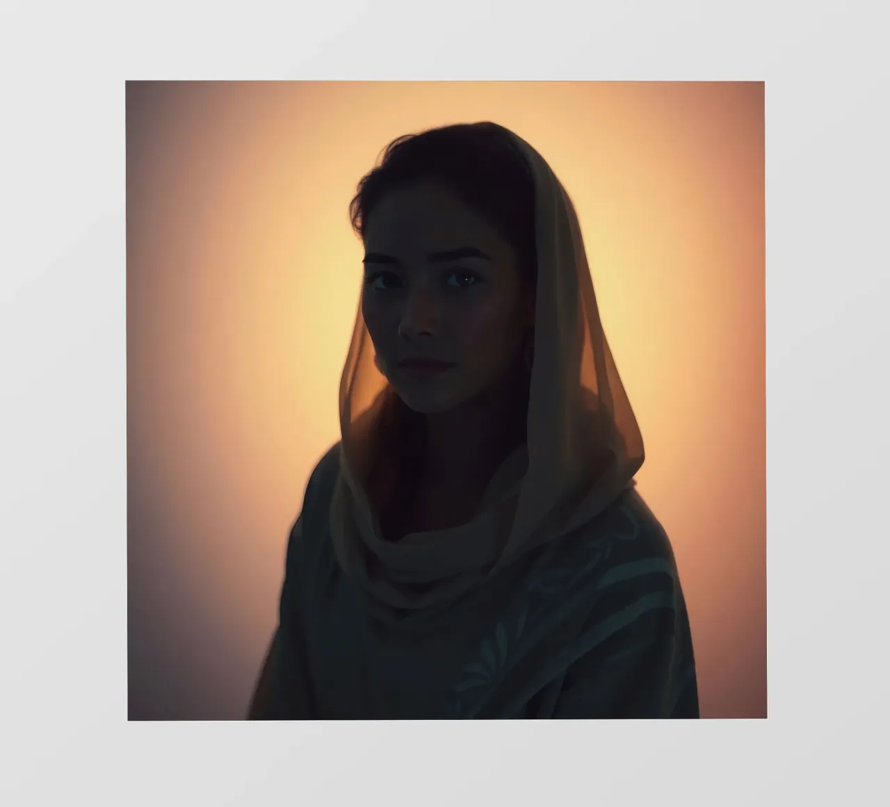 Portrait of a woman in soft lighting with headscarf set photo wallpaper by DesignDoodle