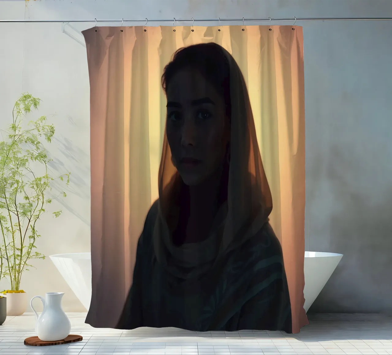 Portret van een vrouw in zachte verlichting met hoofddoekset douchegordijn van DesignDoodle