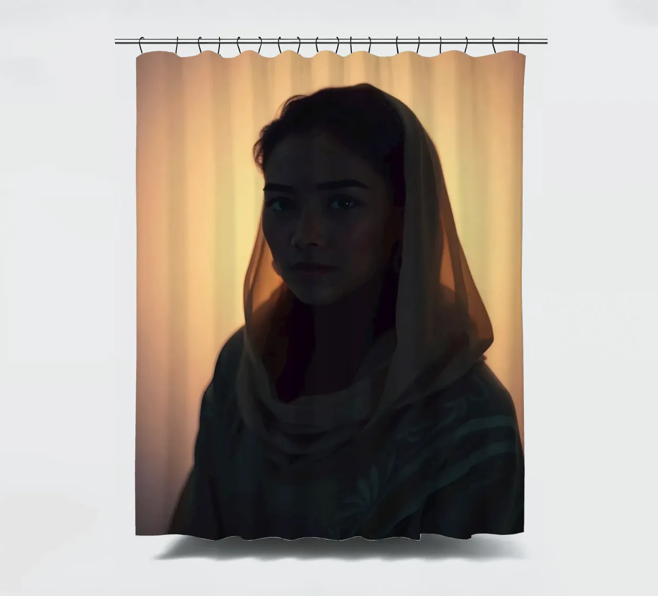 Portret van een vrouw in zachte verlichting met hoofddoekset douchegordijn van DesignDoodle