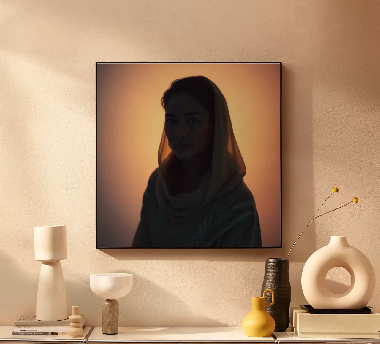Ritratto di donna con luci soffuse e foulard plexiglass da DesignDoodle