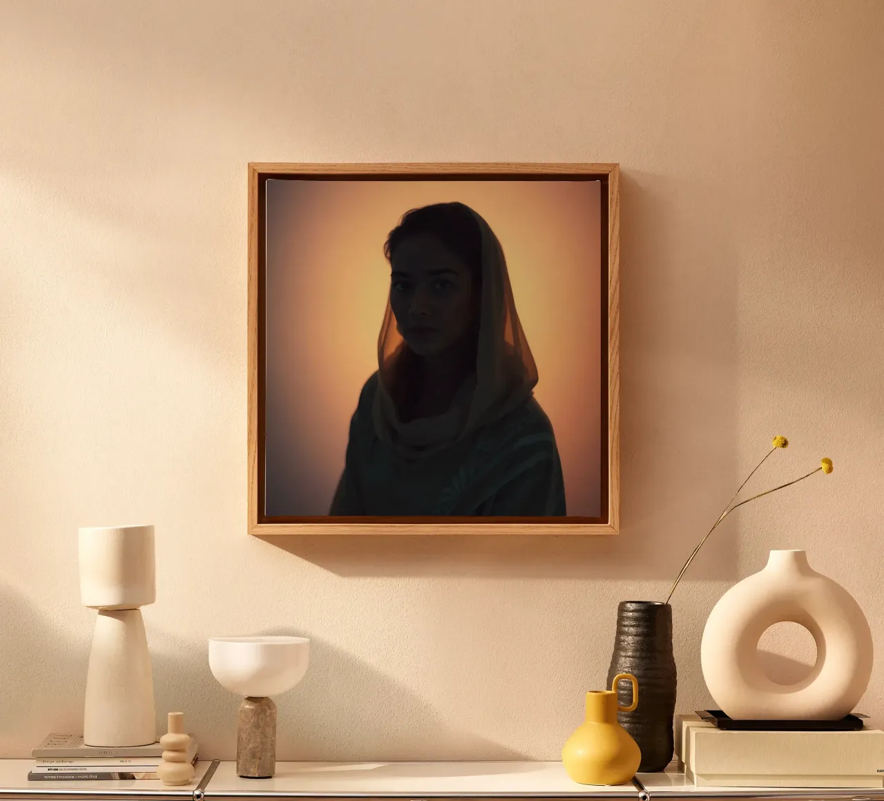 Portret van een vrouw in zachte verlichting met hoofddoekset canvas met Baklijst van DesignDoodle