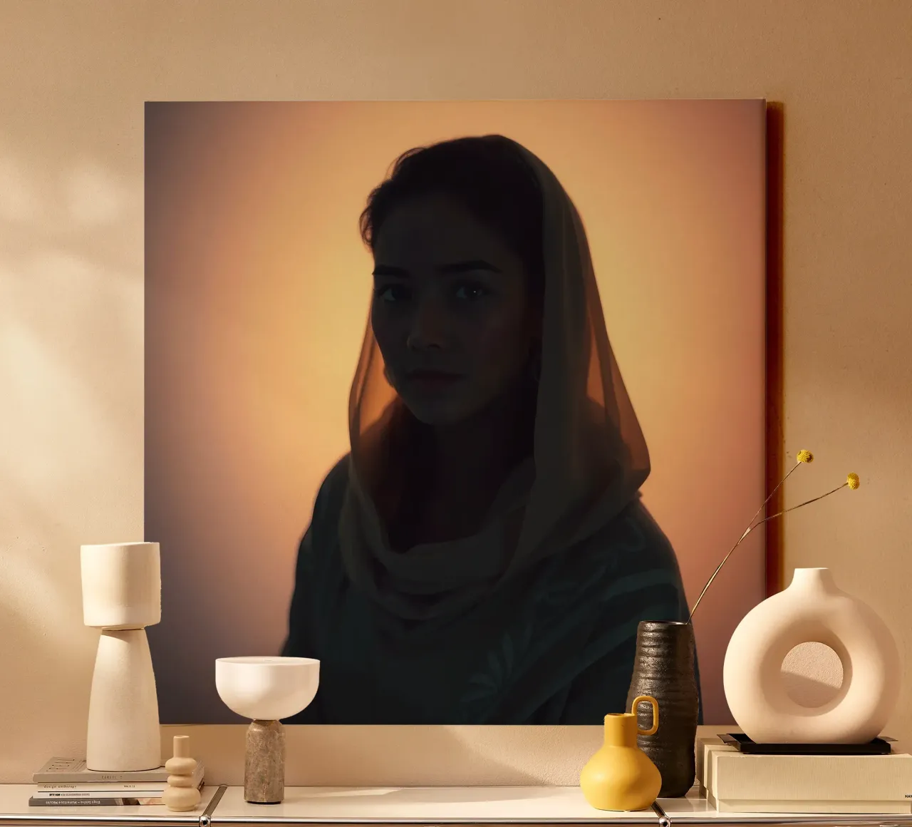 Portret van een vrouw in zachte verlichting met hoofddoekset canvas met Baklijst van DesignDoodle