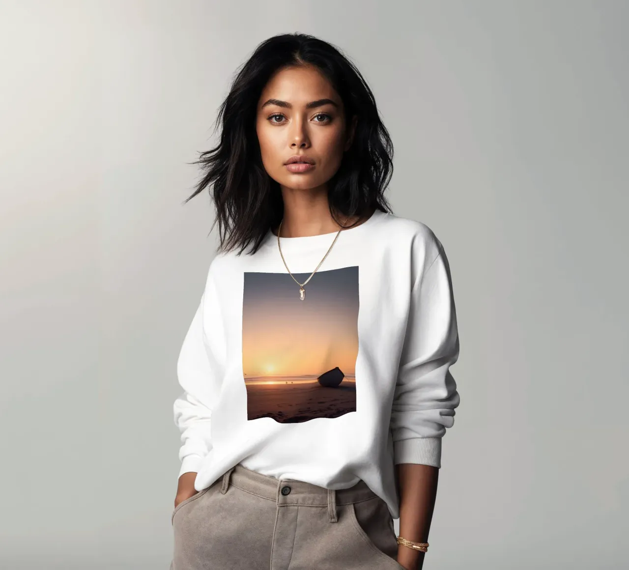 Sunset view with a lone boat on a tranquil beach showcasing sweatshirt by DesignDoodle