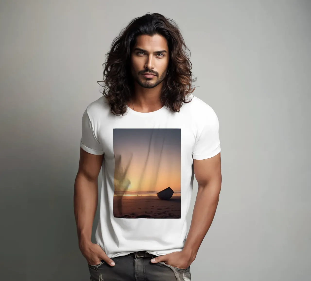 Sunset view with a lone boat on a tranquil beach showcasing t-shirt by DesignDoodle