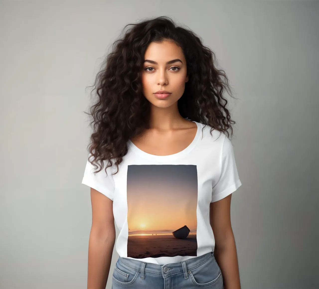 Sunset view with a lone boat on a tranquil beach showcasing women's fitted t-shirt by DesignDoodle