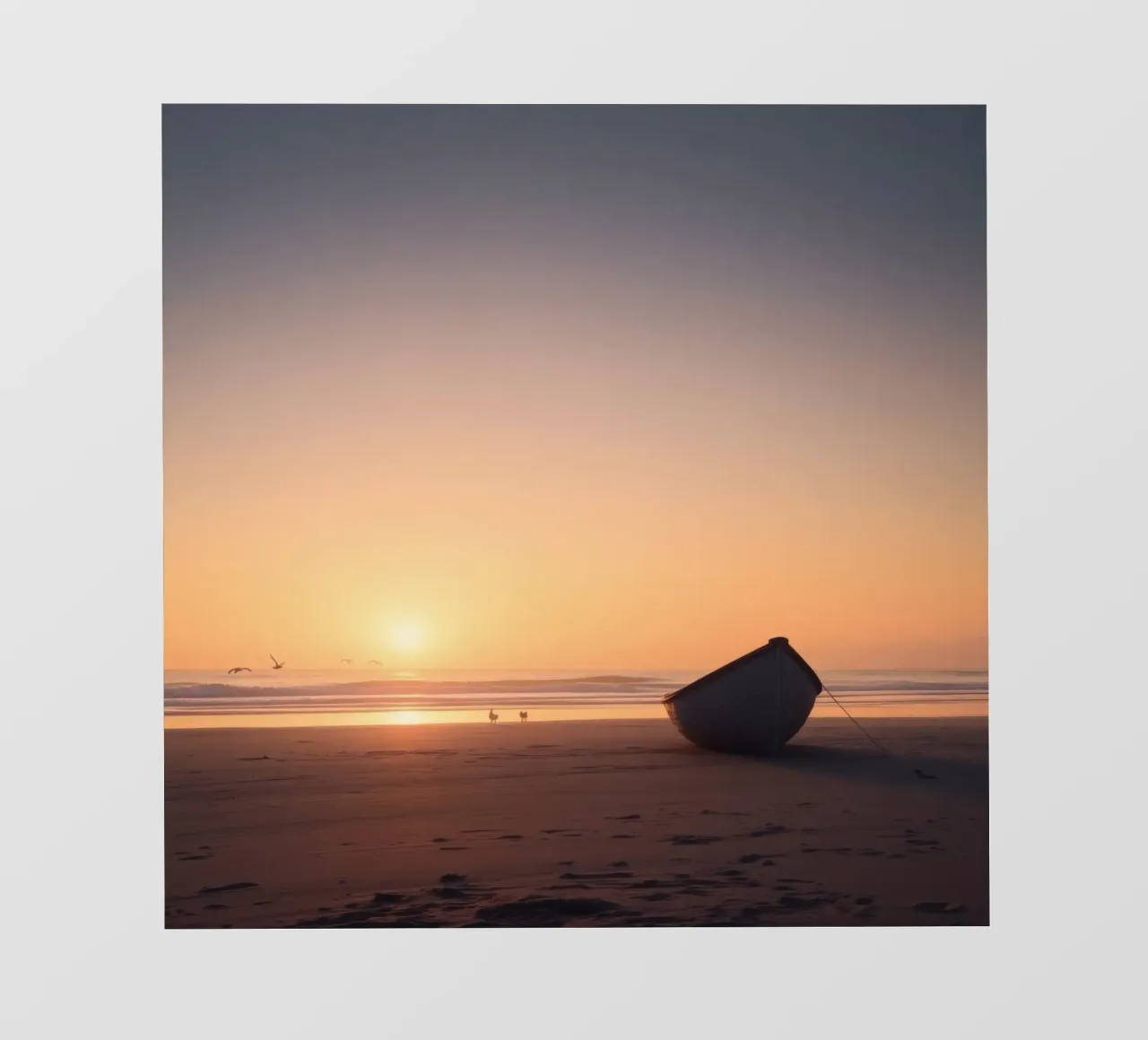 Sunset view with a lone boat on a tranquil beach showcasing backlit film by DesignDoodle