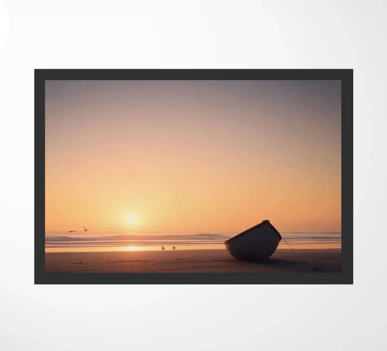 Sunset view with a lone boat on a tranquil beach showcasing doormat by DesignDoodle