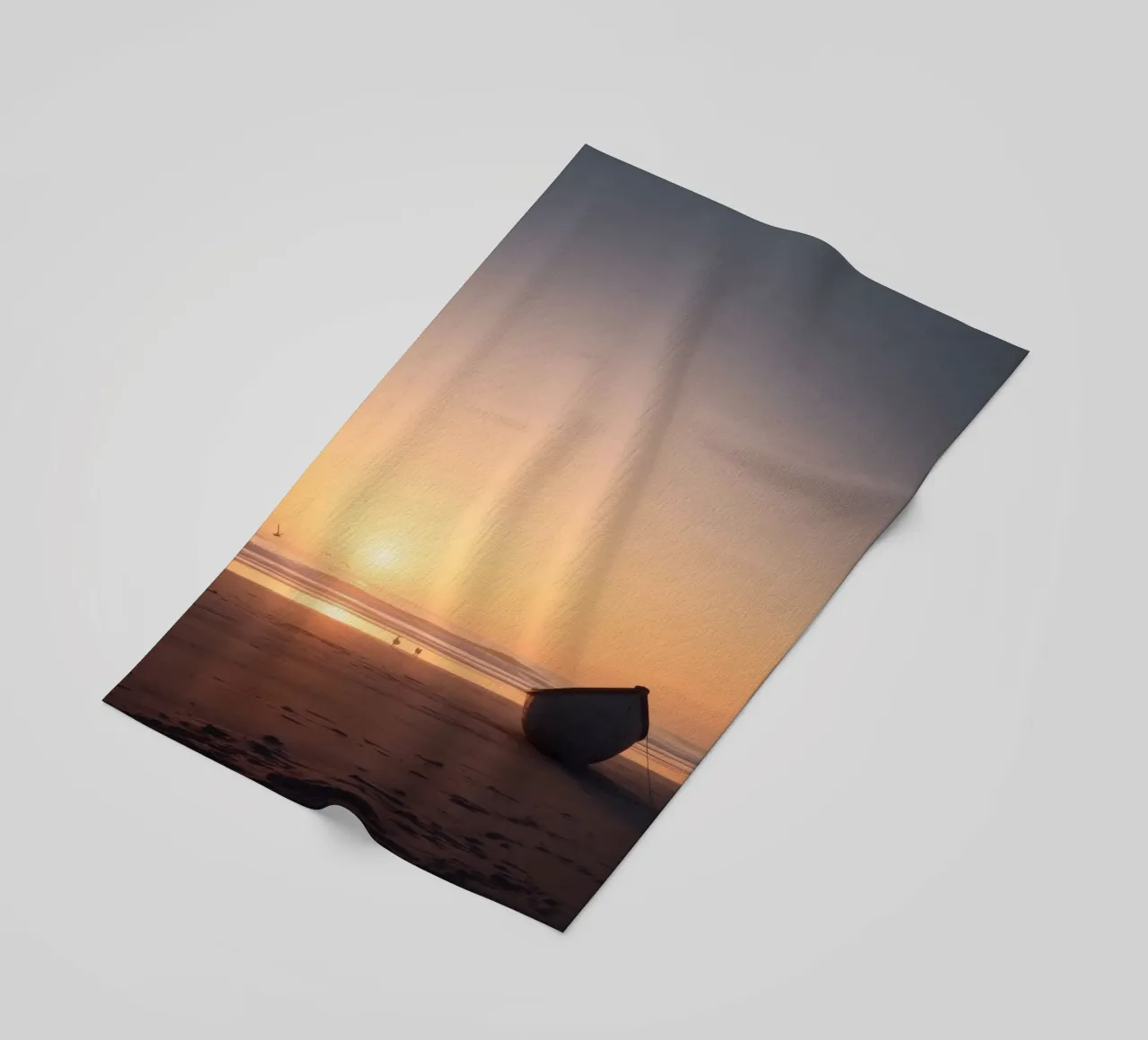 Sunset view with a lone boat on a tranquil beach showcasing beach towel by DesignDoodle
