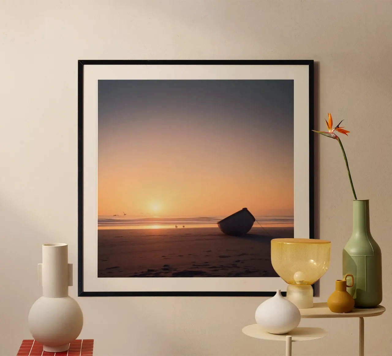 Sunset view with a lone boat on a tranquil beach showcasing hahnemühle by DesignDoodle