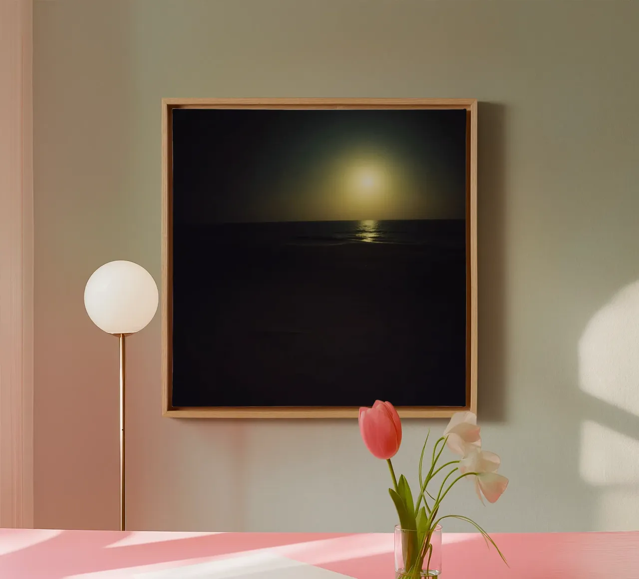 Moonlit beach night with shimmering water under a clear sky canvas with Floater frame by DesignDoodle