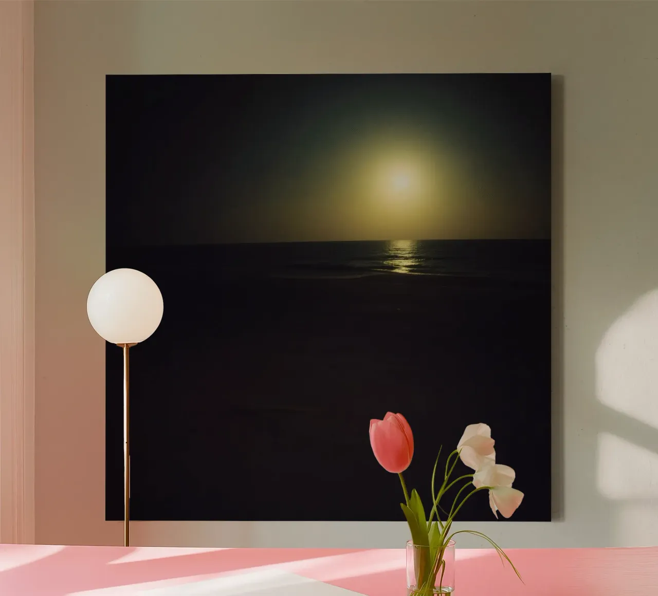 Moonlit beach night with shimmering water under a clear sky canvas with Floater frame by DesignDoodle