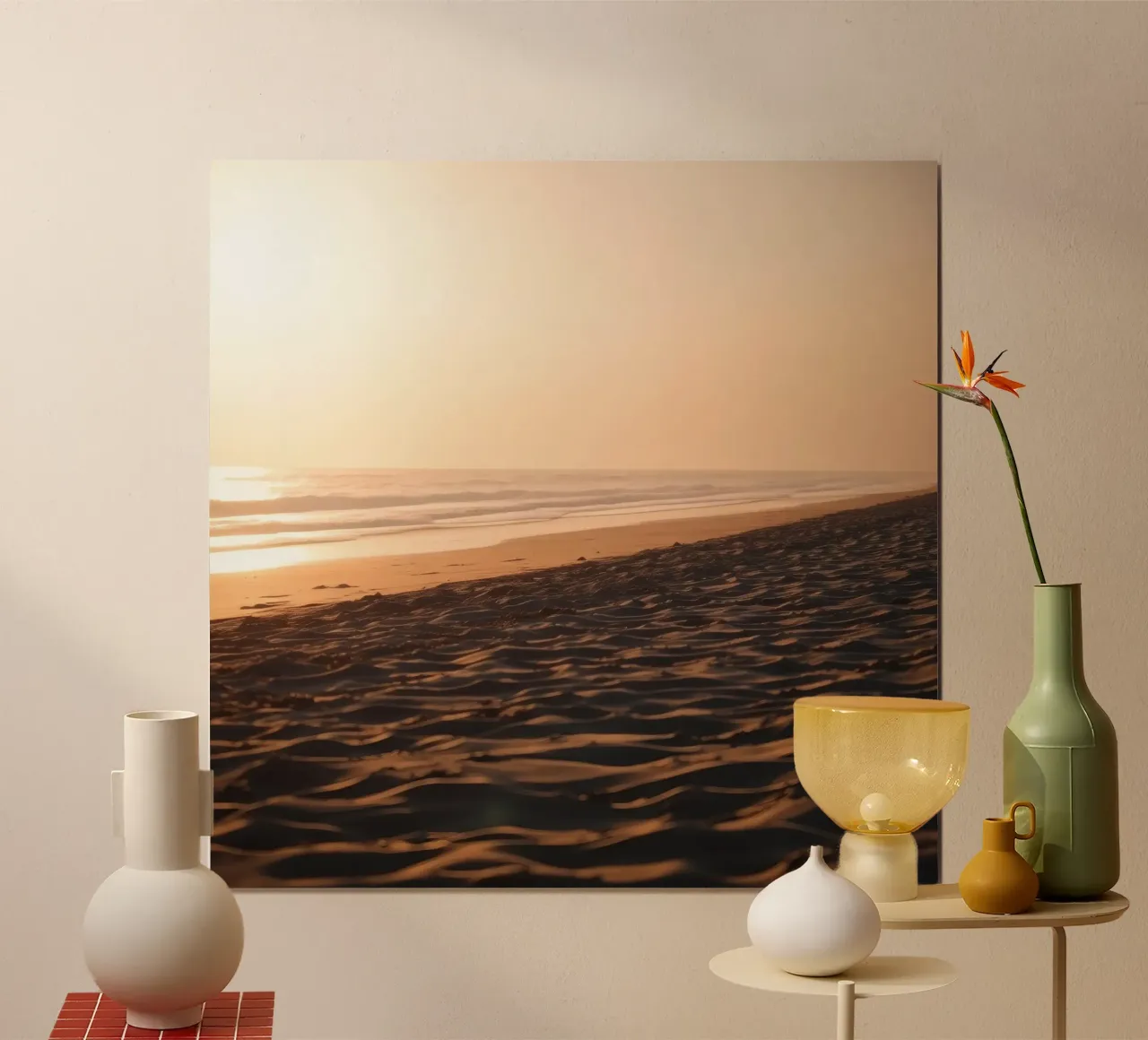 Gouden zonsondergang over rustig strand met zachte golven en zachte hahnemühle van DesignDoodle
