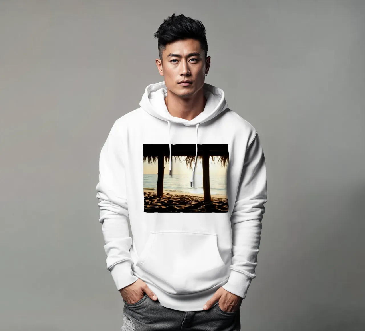 Sunset view from a beach hut overlooking calm waters hoodie by DesignDoodle