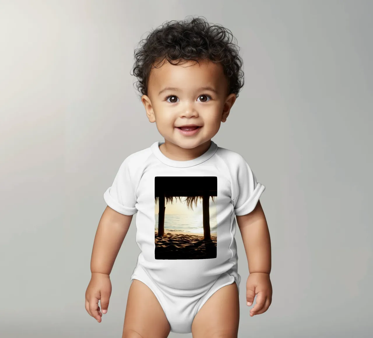 Sunset view from a beach hut overlooking calm waters short-sleeve baby romper by DesignDoodle