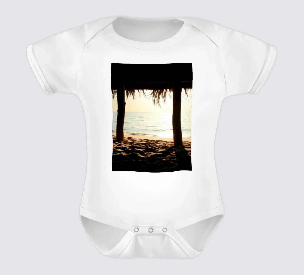 Sunset view from a beach hut overlooking calm waters short-sleeve baby romper by DesignDoodle