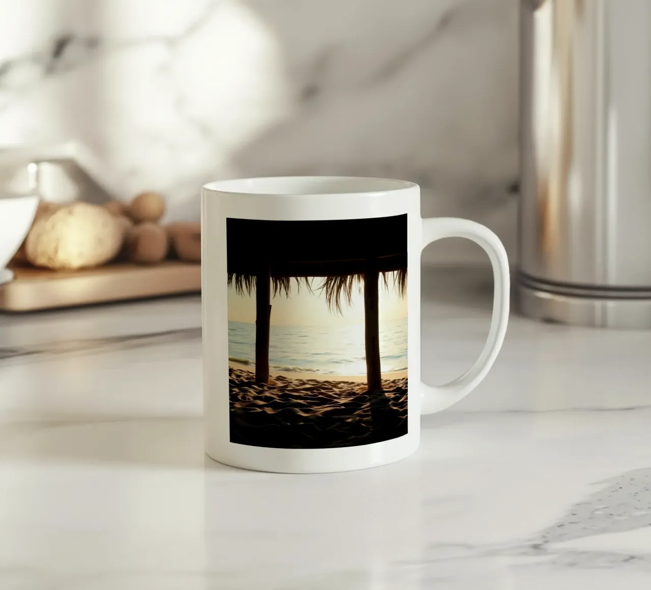 Sunset view from a beach hut overlooking calm waters ceramic mug by DesignDoodle