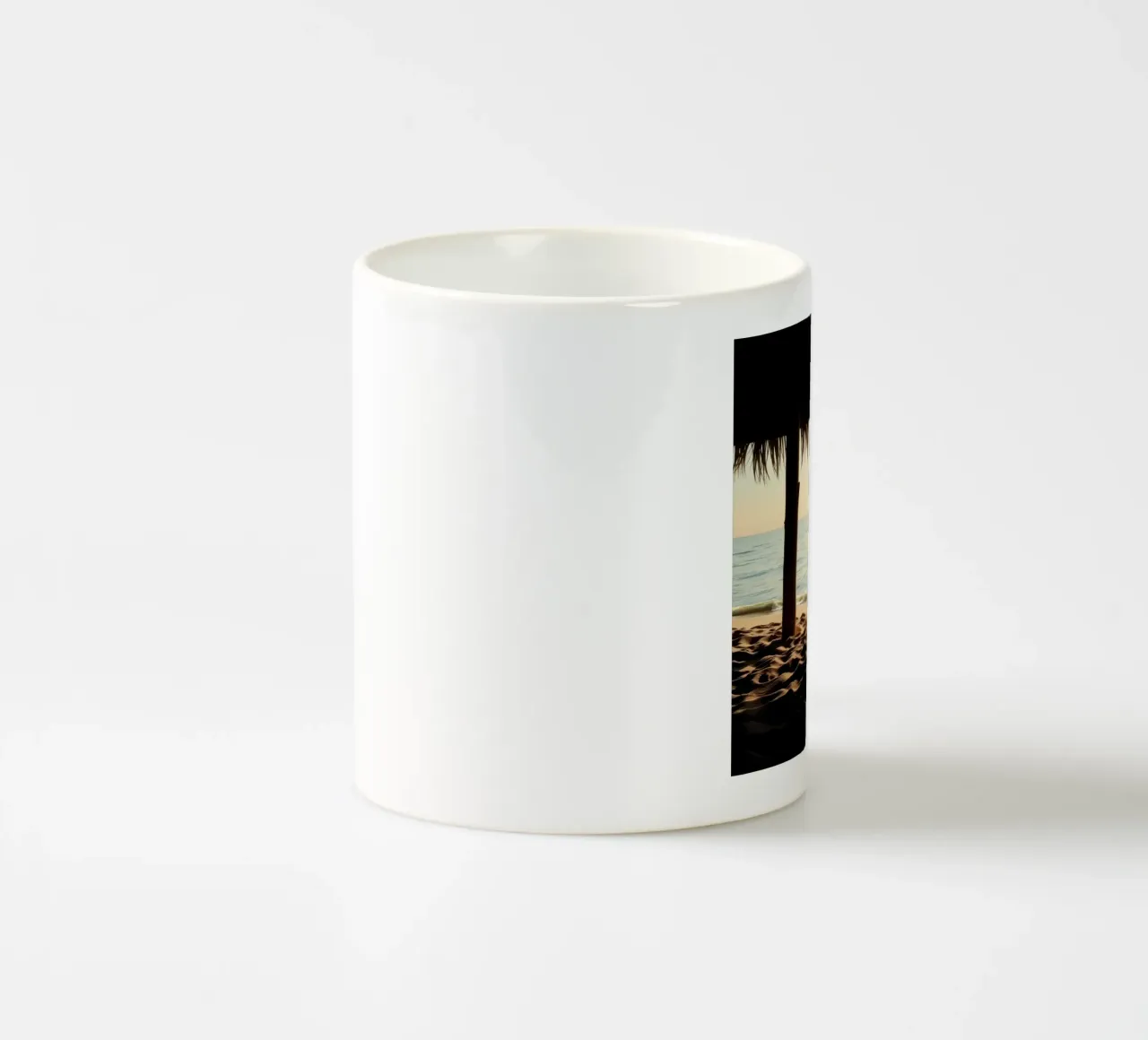 Sunset view from a beach hut overlooking calm waters ceramic mug by DesignDoodle