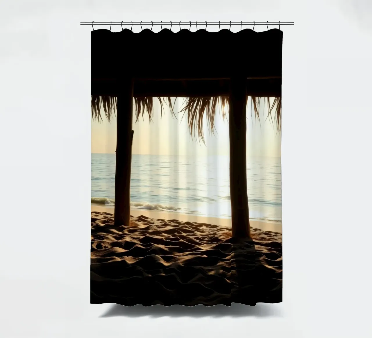 Sunset view from a beach hut overlooking calm waters shower curtain by DesignDoodle