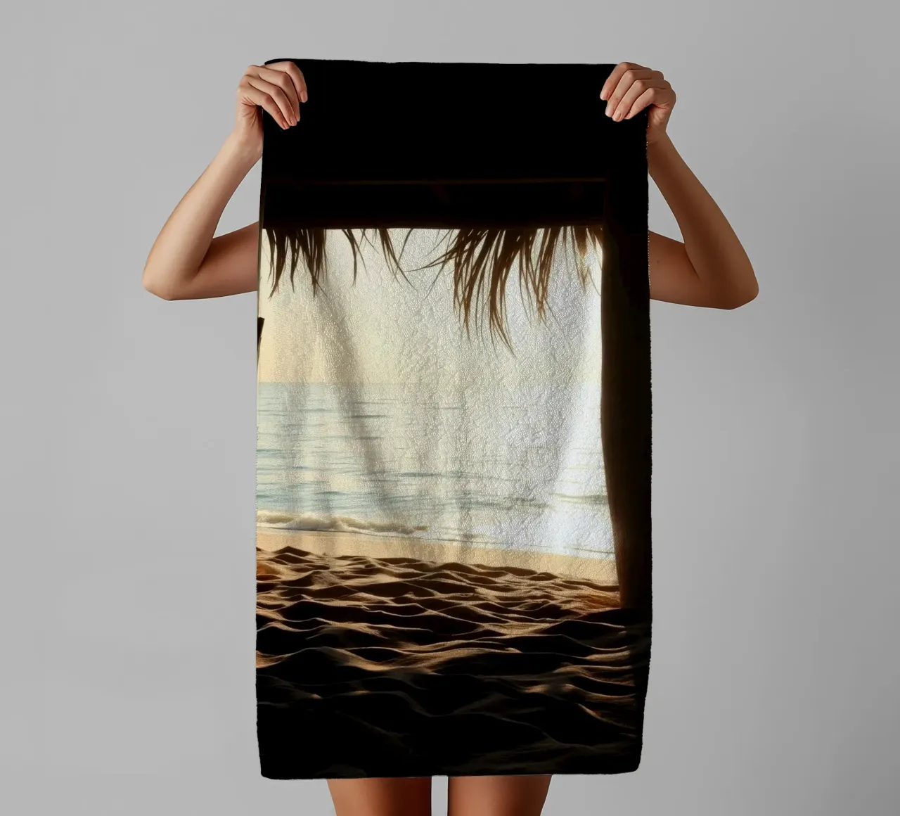 Sunset view from a beach hut overlooking calm waters towel by DesignDoodle