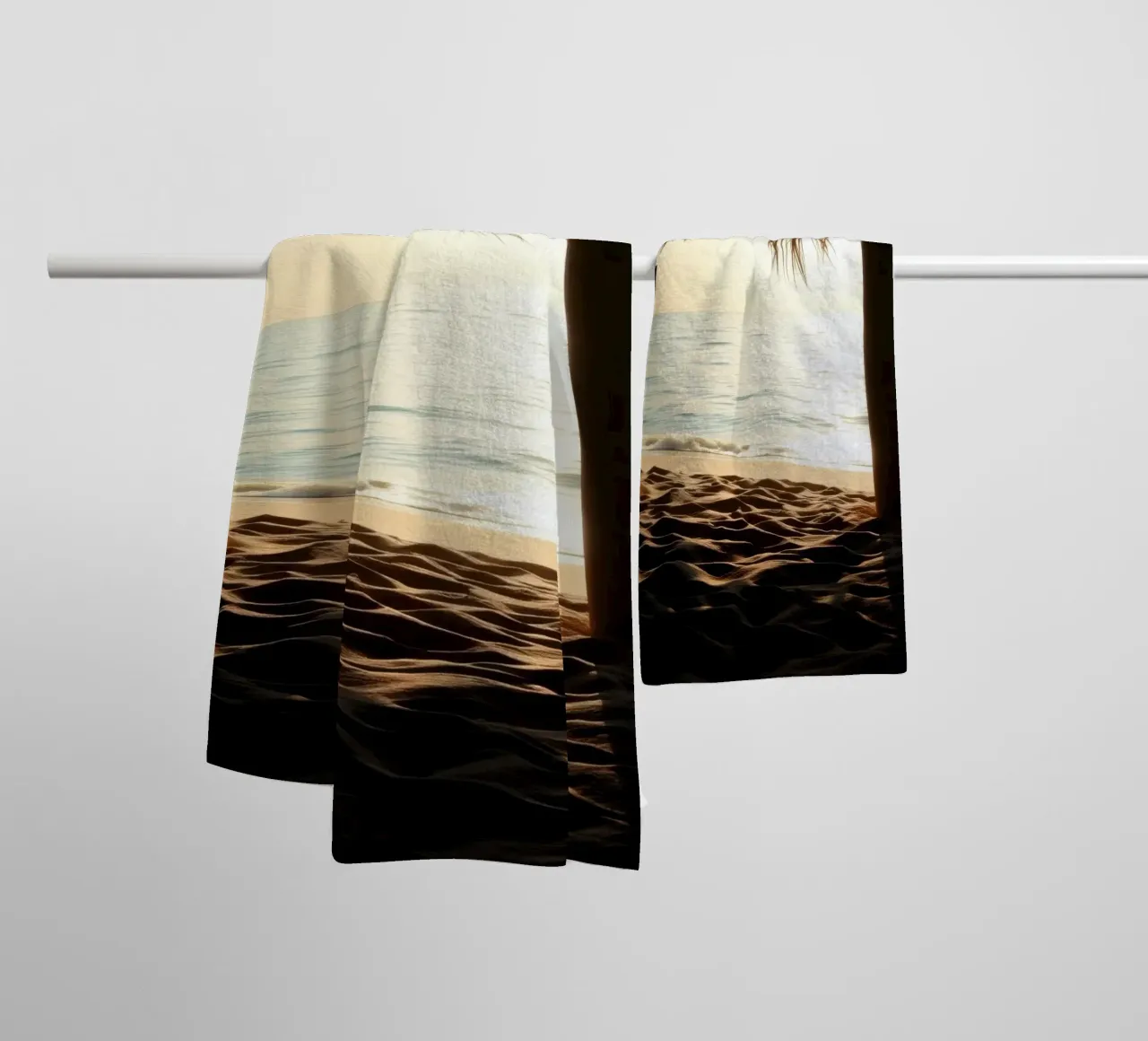 Sunset view from a beach hut overlooking calm waters towel by DesignDoodle