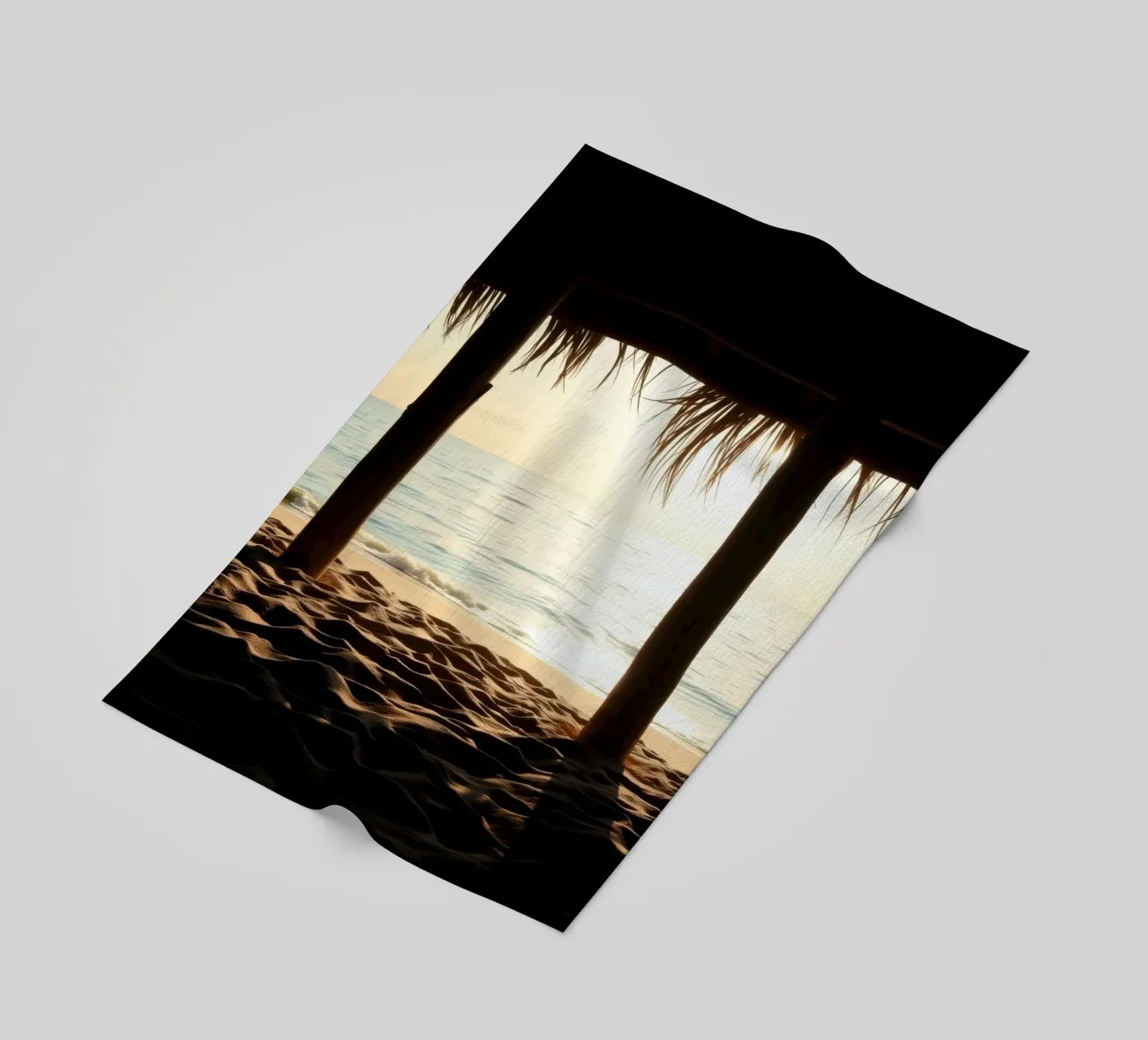 Sunset view from a beach hut overlooking calm waters beach towel by DesignDoodle
