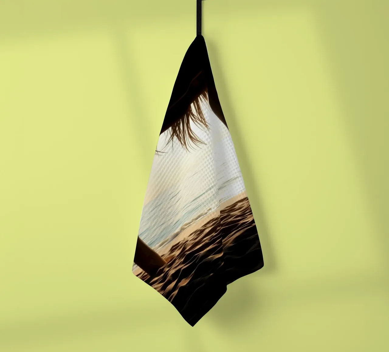 Sunset view from a beach hut overlooking calm waters tea towel by DesignDoodle