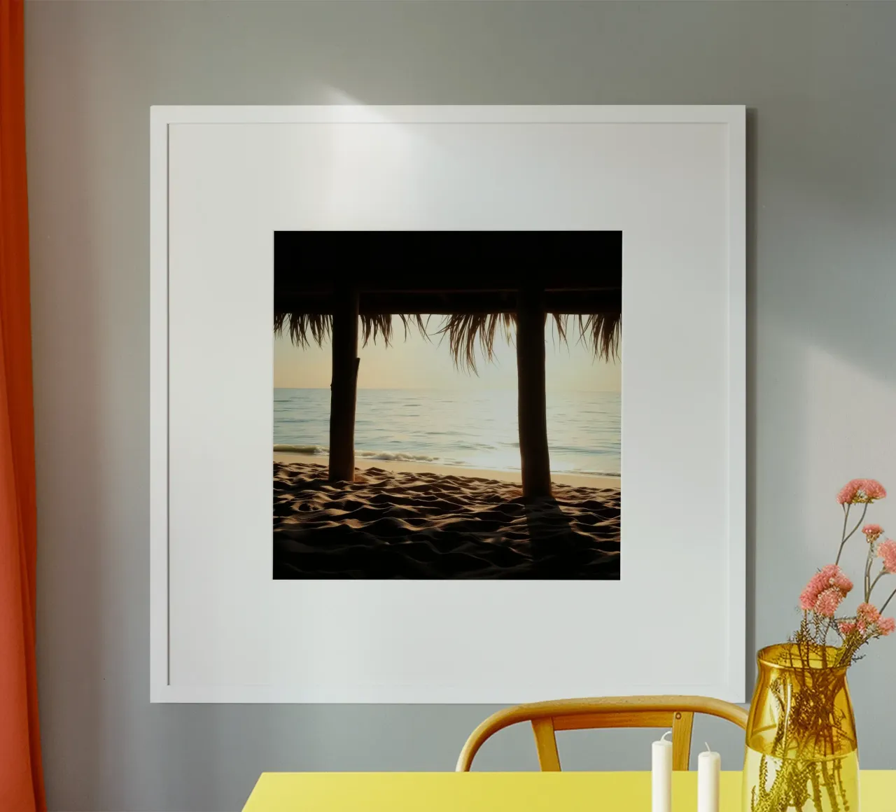 Sunset view from a beach hut overlooking calm waters hahnemühle by DesignDoodle