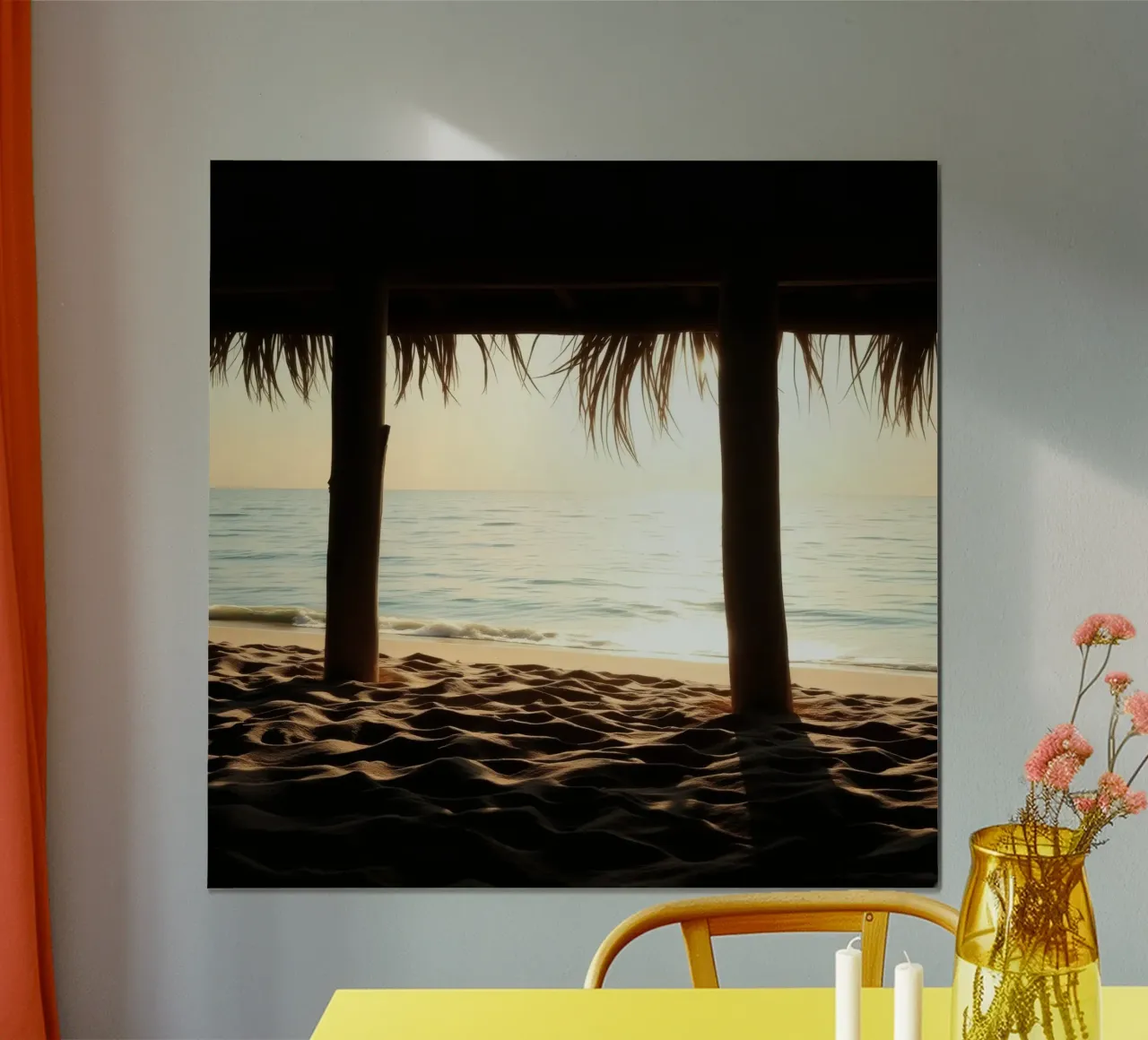 Sunset view from a beach hut overlooking calm waters hahnemühle by DesignDoodle