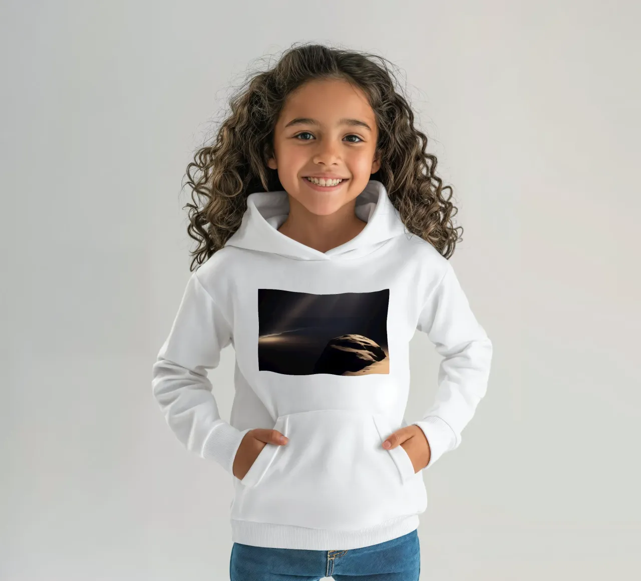 Fasci di luce illuminano una roccia solitaria su una spiaggia scura e sabbiosa felpa bambino con cappuccio da DesignDoodle