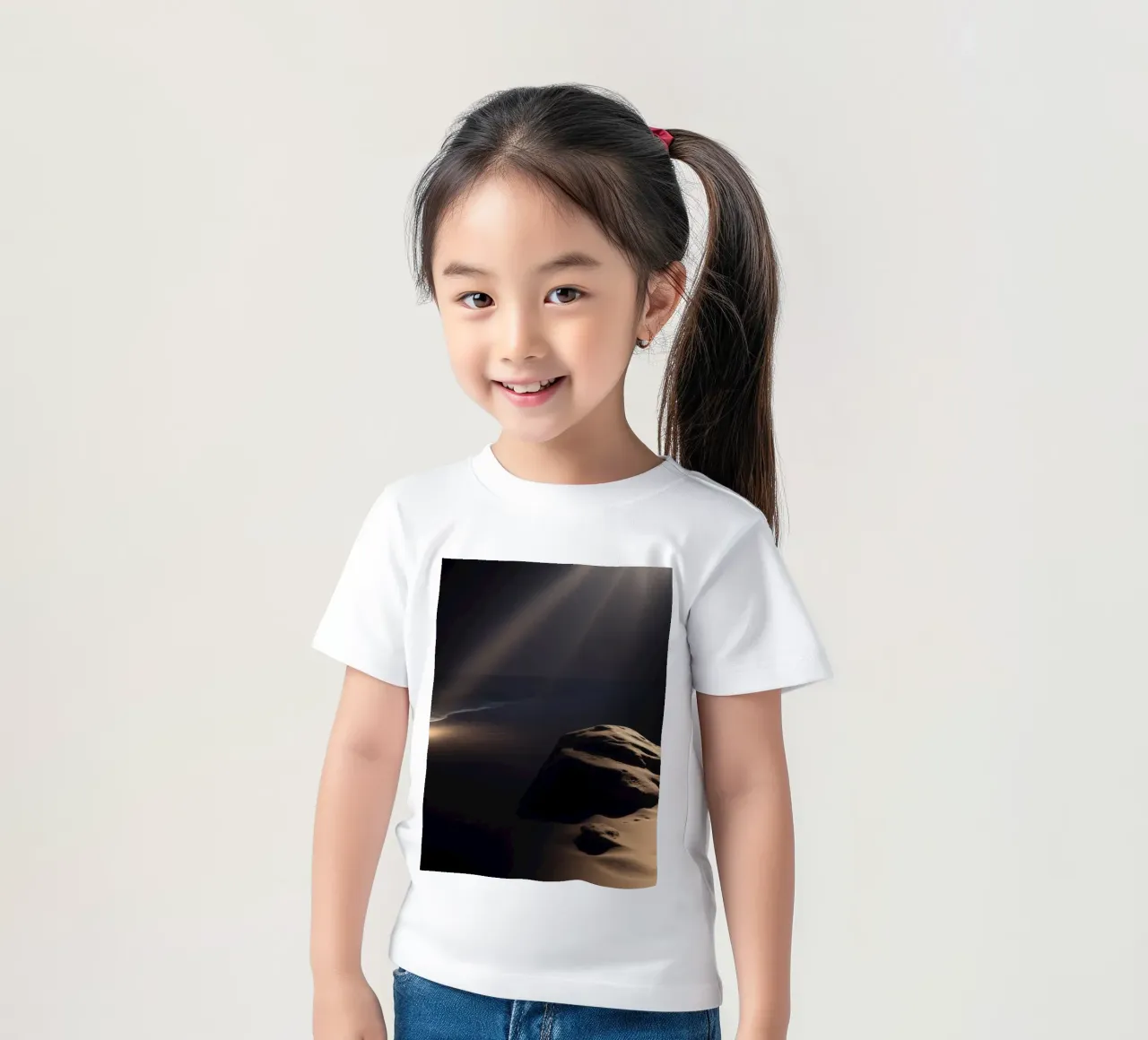 Des faisceaux lumineux éclairent un rocher solitaire sur une plage de sable sombre. t-shirt enfant de DesignDoodle