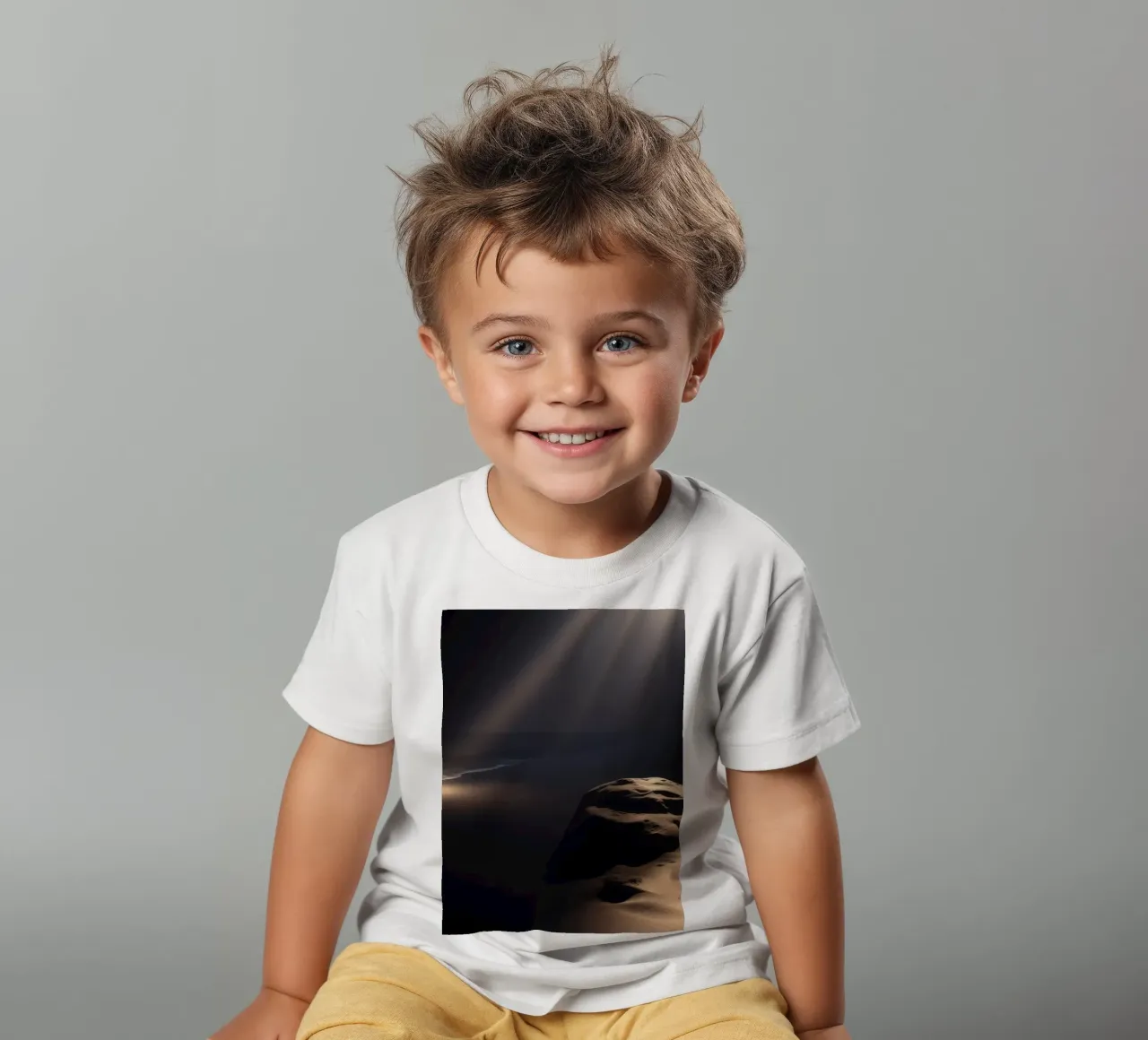 Des faisceaux lumineux éclairent un rocher solitaire sur une plage de sable sombre. t-shirt enfant de DesignDoodle