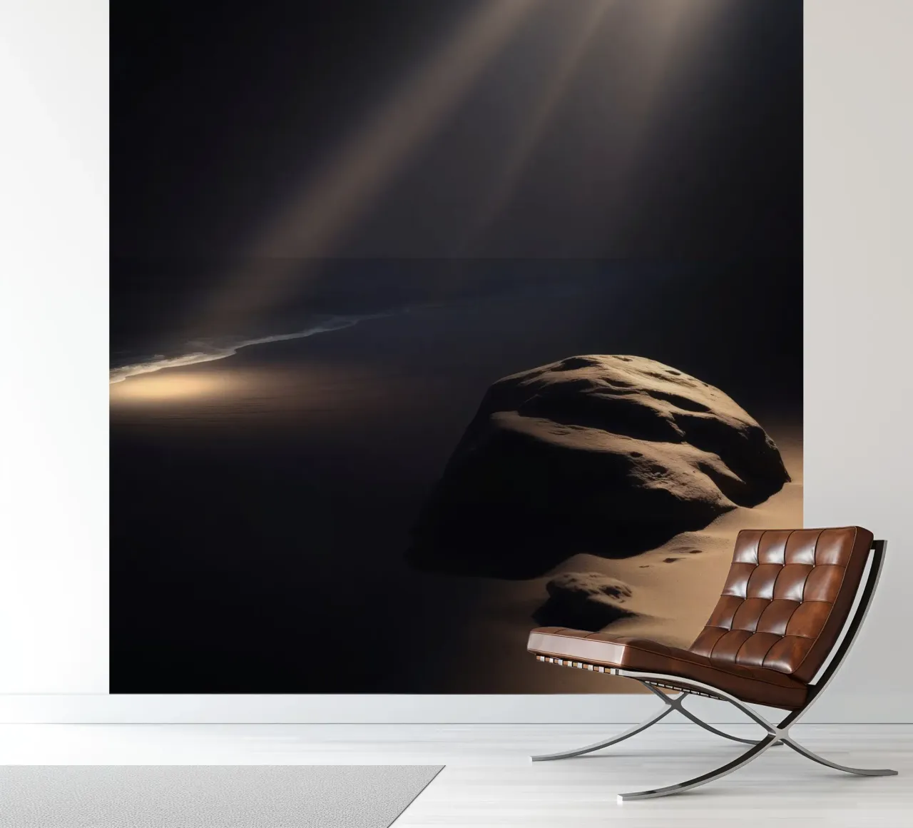 Light beams illuminate a solitary rock on a dark sandy beach photo wallpaper by DesignDoodle