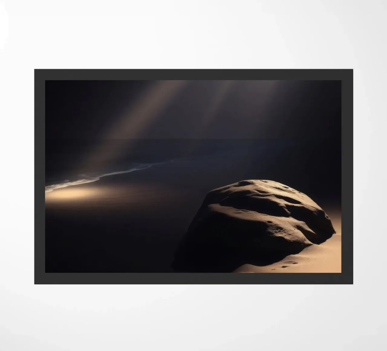 Fasci di luce illuminano una roccia solitaria su una spiaggia scura e sabbiosa zerbino da DesignDoodle