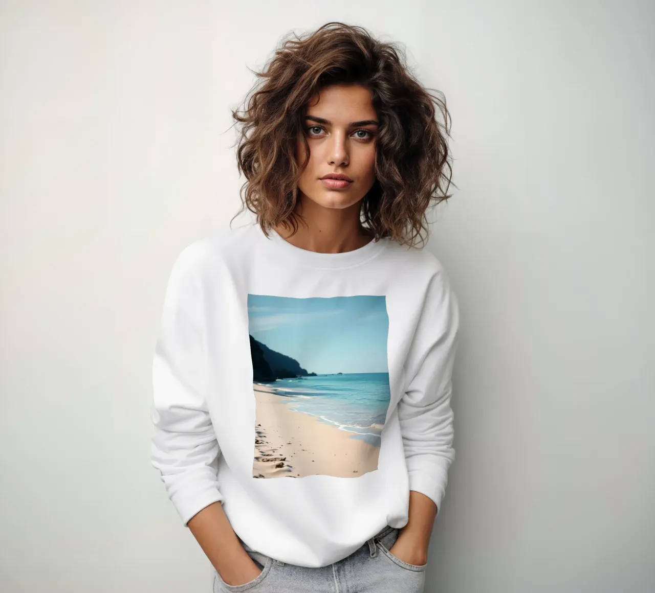 Serene coastline with soft waves lapping against pristine sweatshirt by DesignDoodle