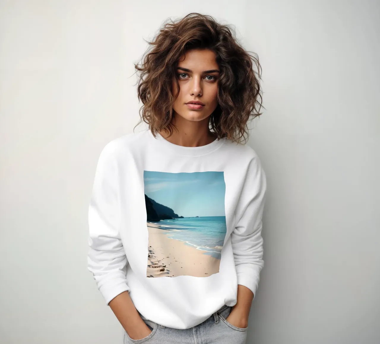 Serene coastline with soft waves lapping against pristine sweatshirt by DesignDoodle
