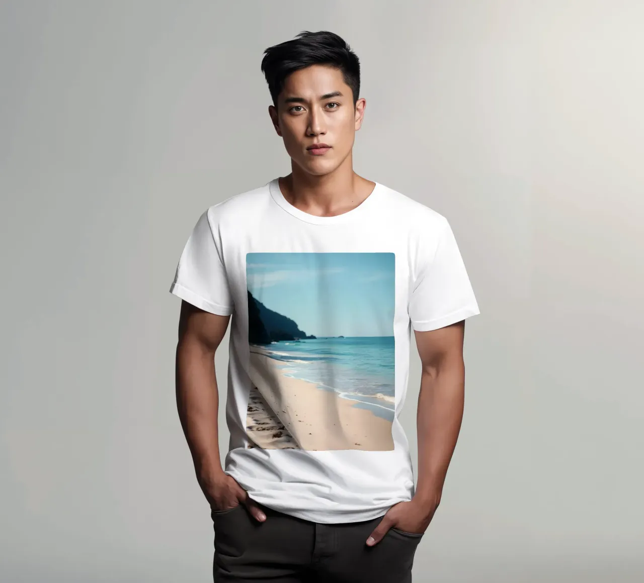 Serene coastline with soft waves lapping against pristine t-shirt by DesignDoodle