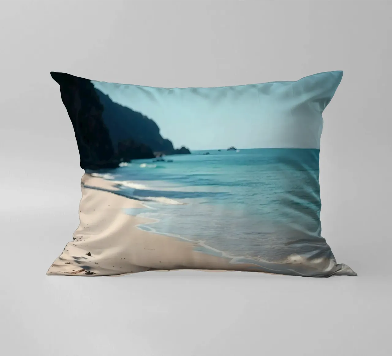 Serene coastline with soft waves lapping against pristine decorative cushion by DesignDoodle