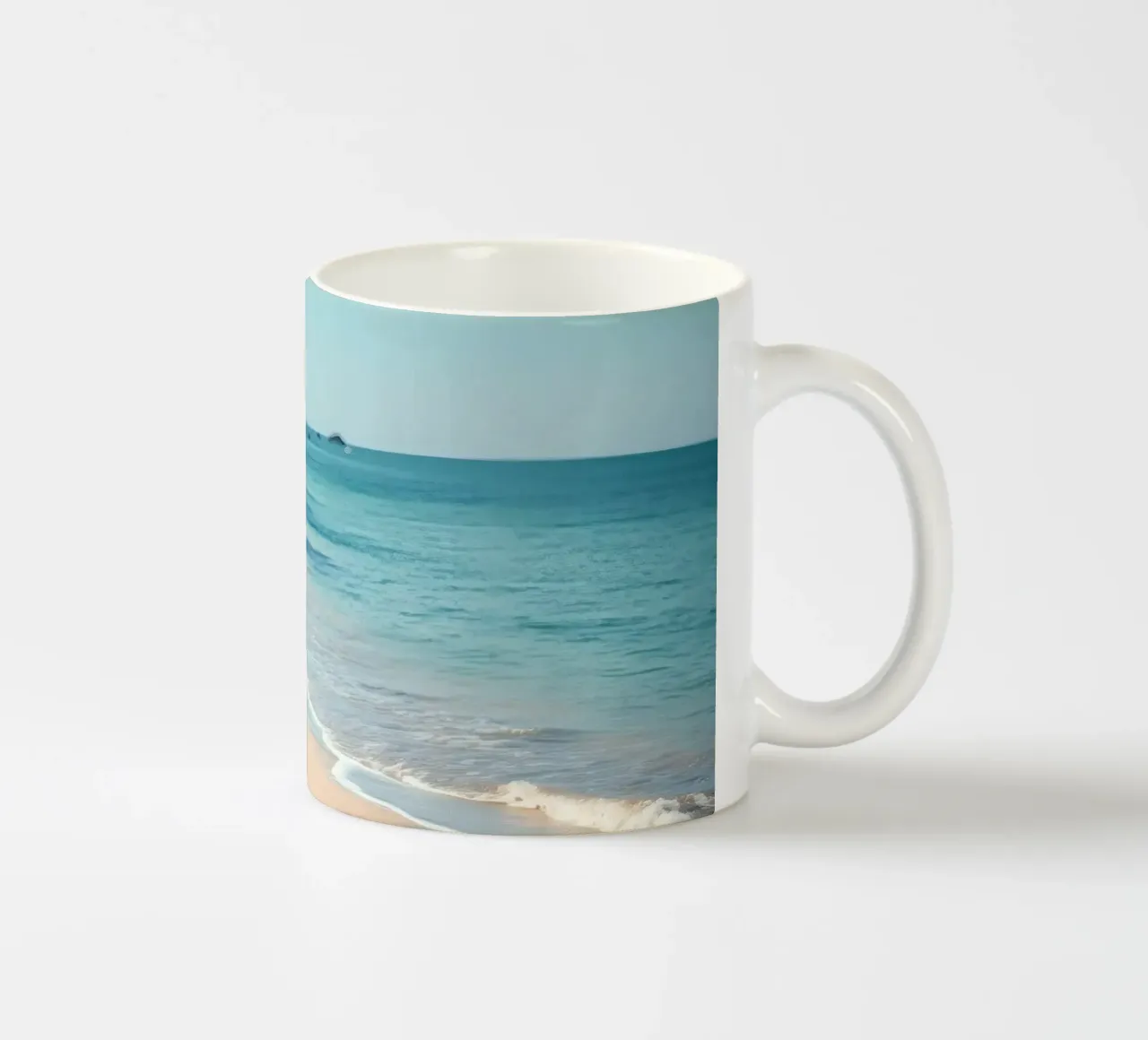 Serene coastline with soft waves lapping against pristine ceramic mug by DesignDoodle