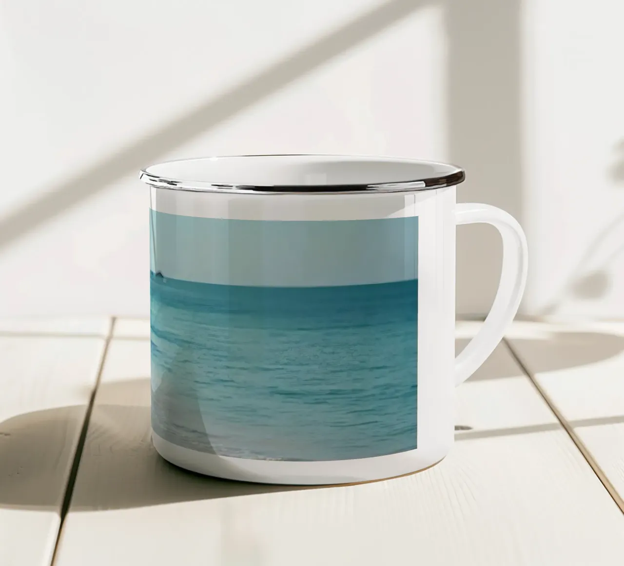 Serene coastline with soft waves lapping against pristine enamel mug by DesignDoodle