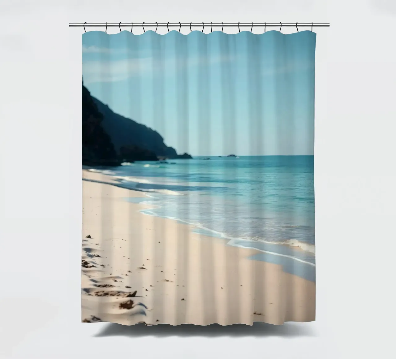 Serene coastline with soft waves lapping against pristine shower curtain by DesignDoodle