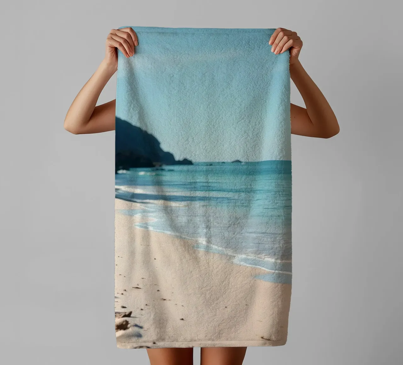 Serene coastline with soft waves lapping against pristine towel by DesignDoodle