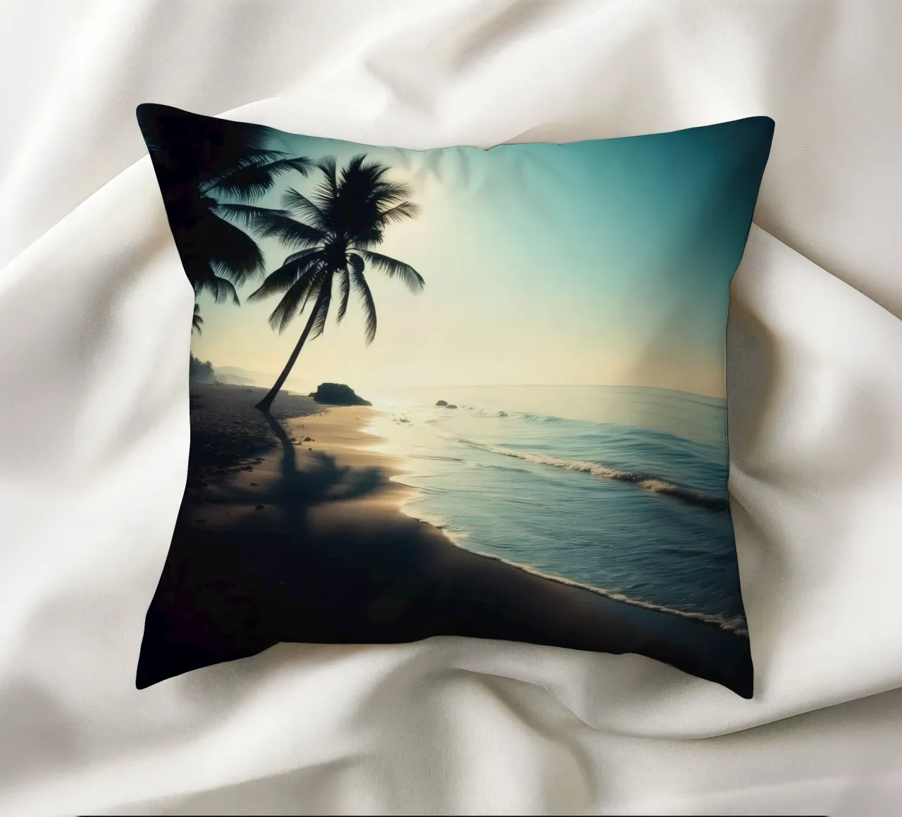 Paesaggio sereno della spiaggia al sorgere del sole con palme e dolci cuscino da DesignDoodle