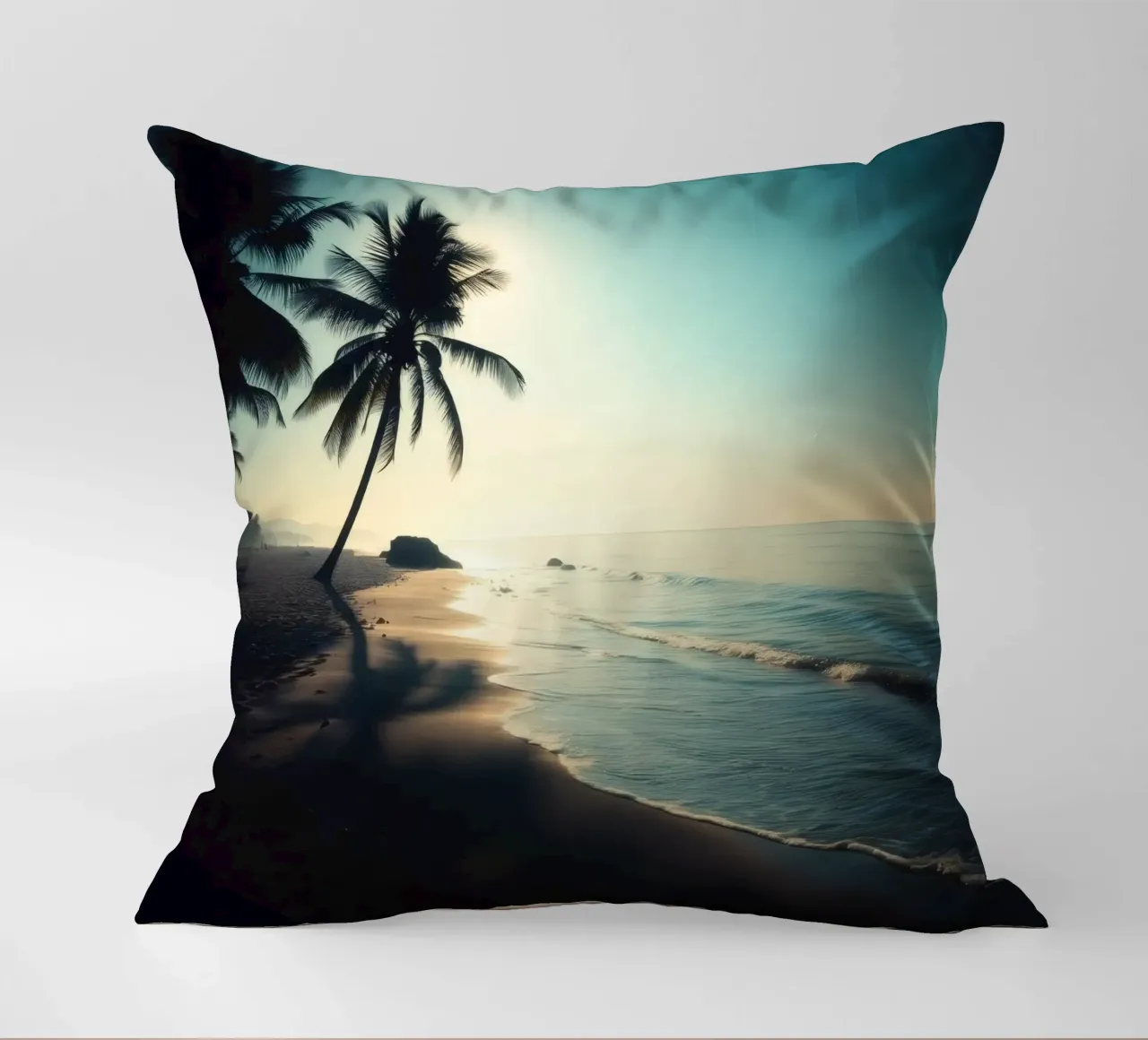 Paesaggio sereno della spiaggia al sorgere del sole con palme e dolci cuscino da DesignDoodle