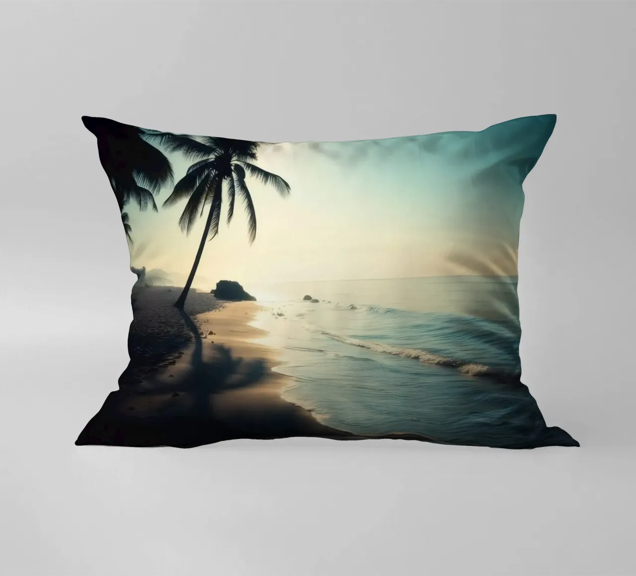 Paesaggio sereno della spiaggia al sorgere del sole con palme e dolci cuscino da DesignDoodle