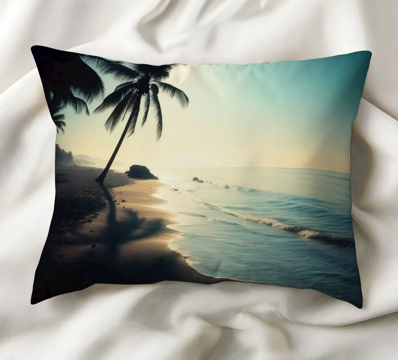 Paesaggio sereno della spiaggia al sorgere del sole con palme e dolci cuscino da DesignDoodle
