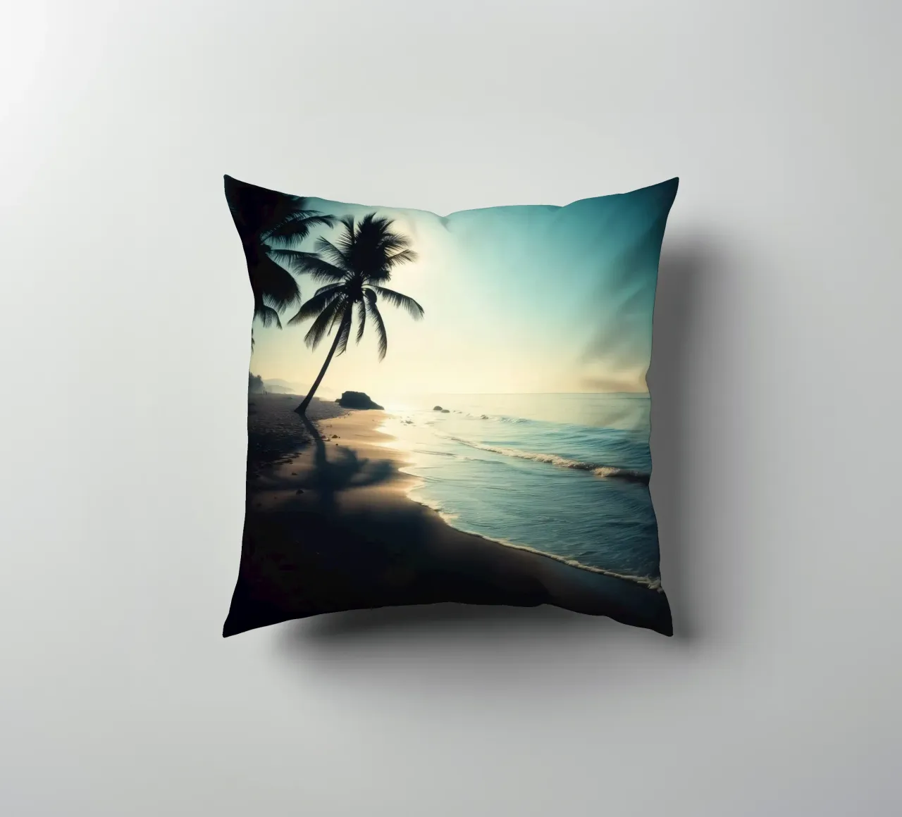 Paesaggio sereno della spiaggia al sorgere del sole con palme e dolci cuscino da DesignDoodle