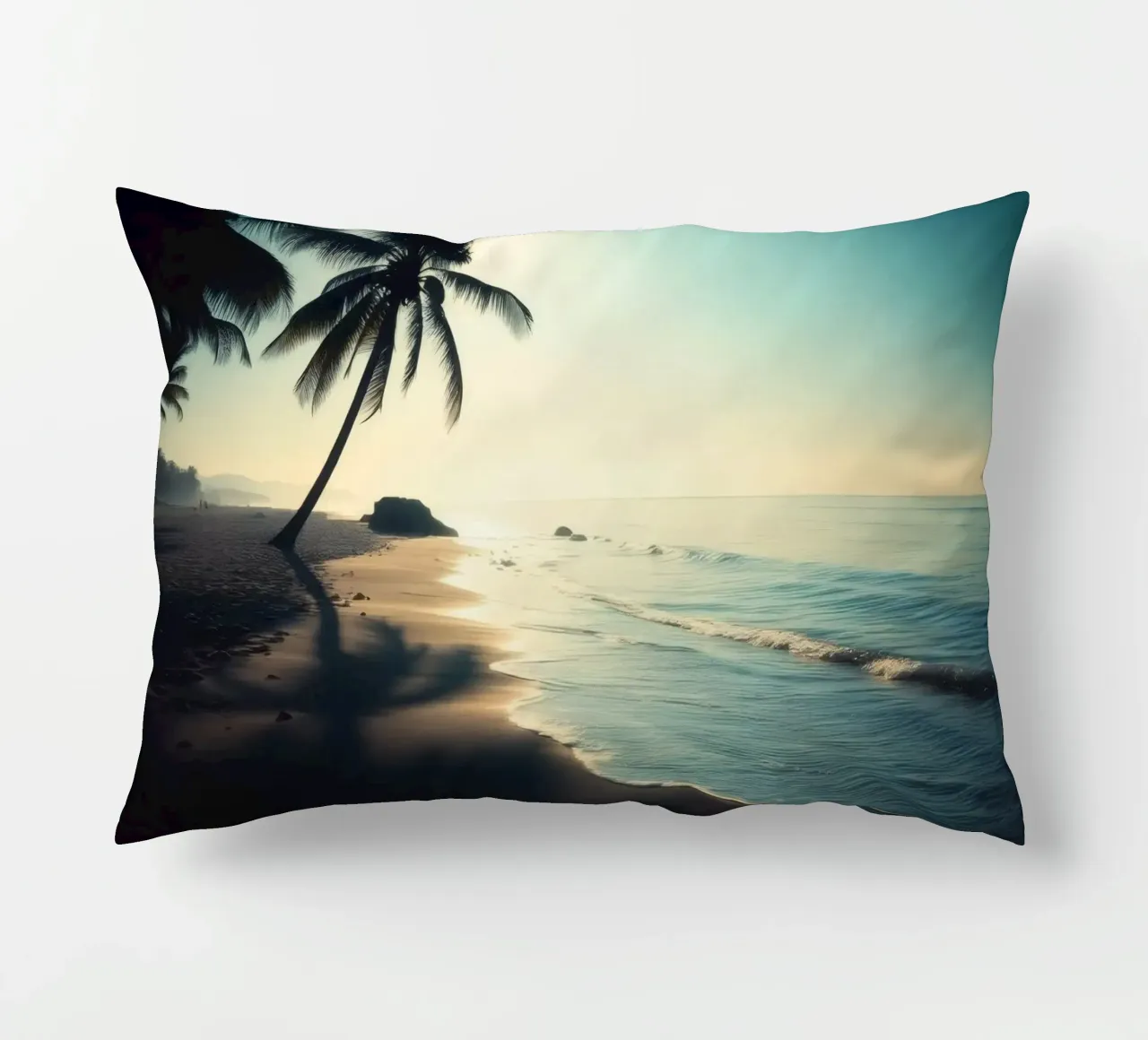 Paesaggio sereno della spiaggia al sorgere del sole con palme e dolci cuscino da DesignDoodle